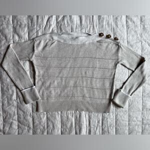 White + Warren Tan Boat Neck Buttoned Pointelle Stripe Knit Sweater - Small